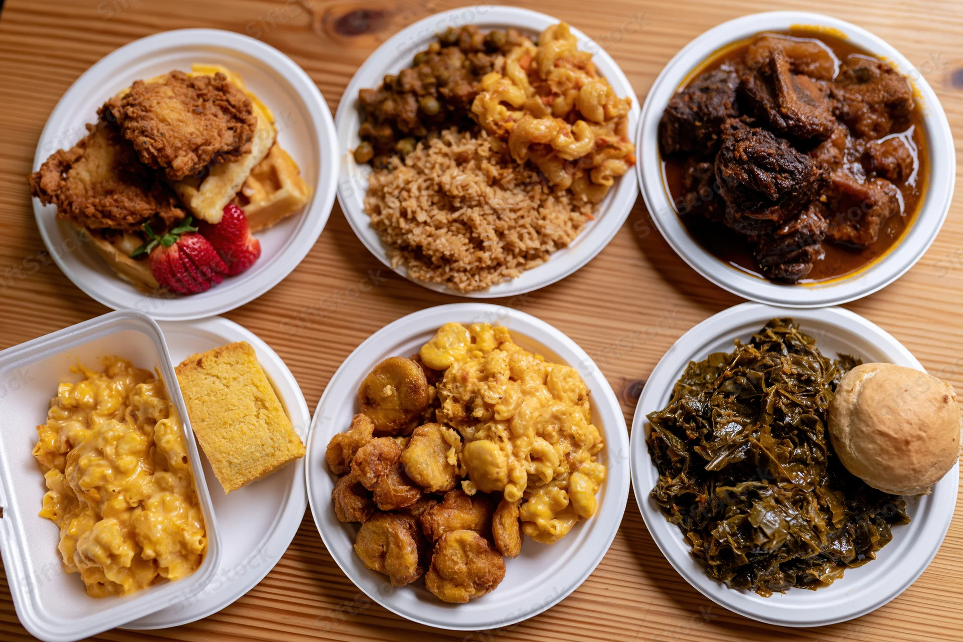 Soul food dishes arranged on a wooden table with plates and a takeout container
