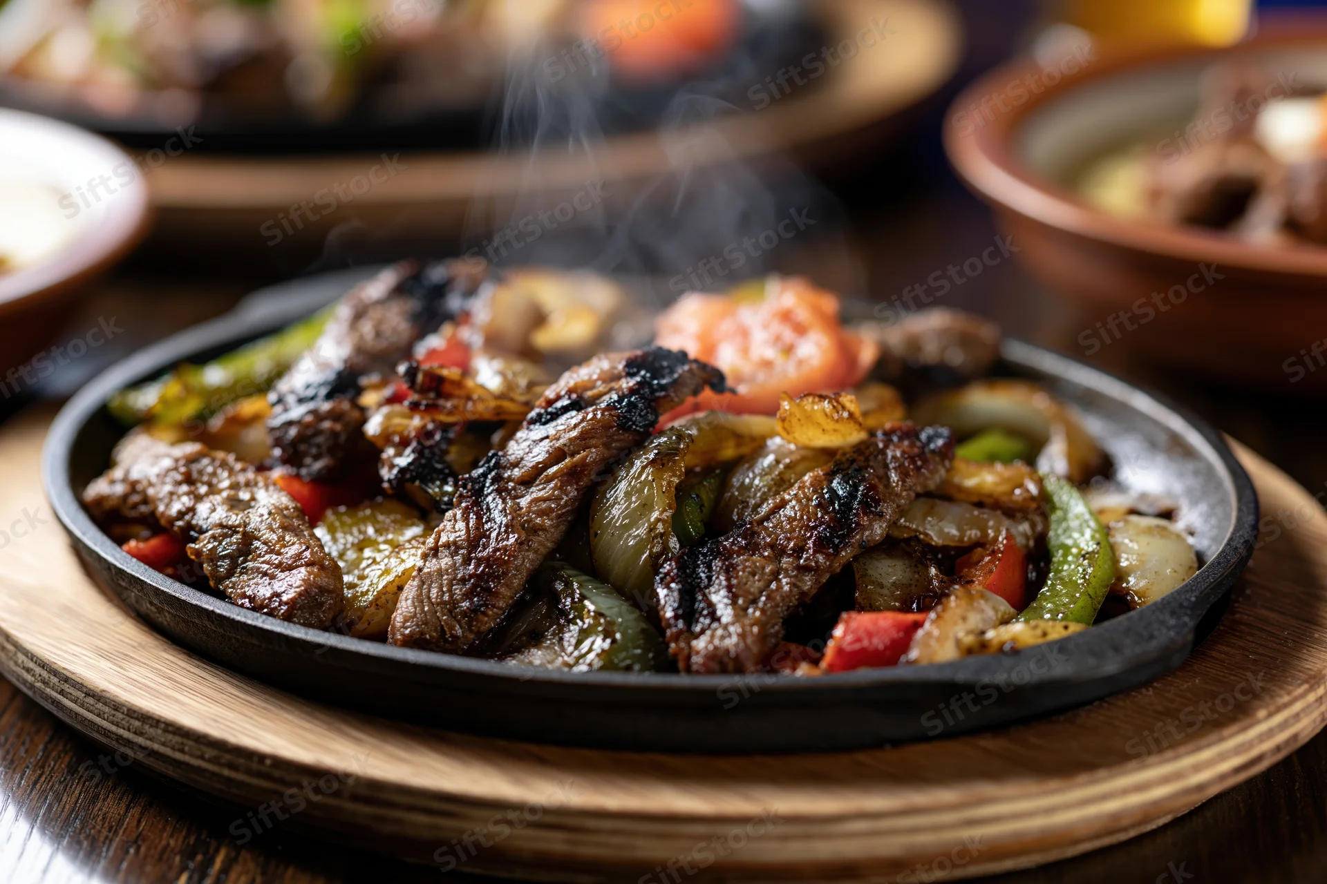 Sizzling beef fajitas with vegetables on a cast iron skillet set on a wooden tray