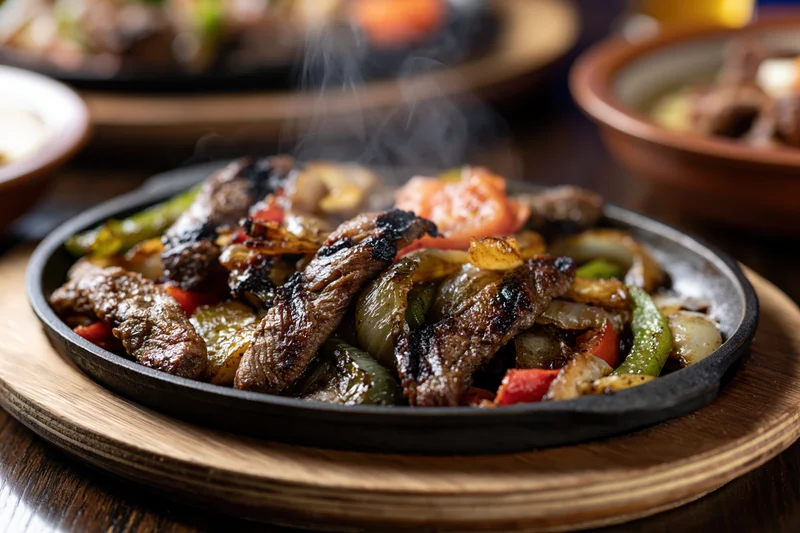 Sizzling beef fajitas with vegetables on a cast iron skillet set on a wooden tray
