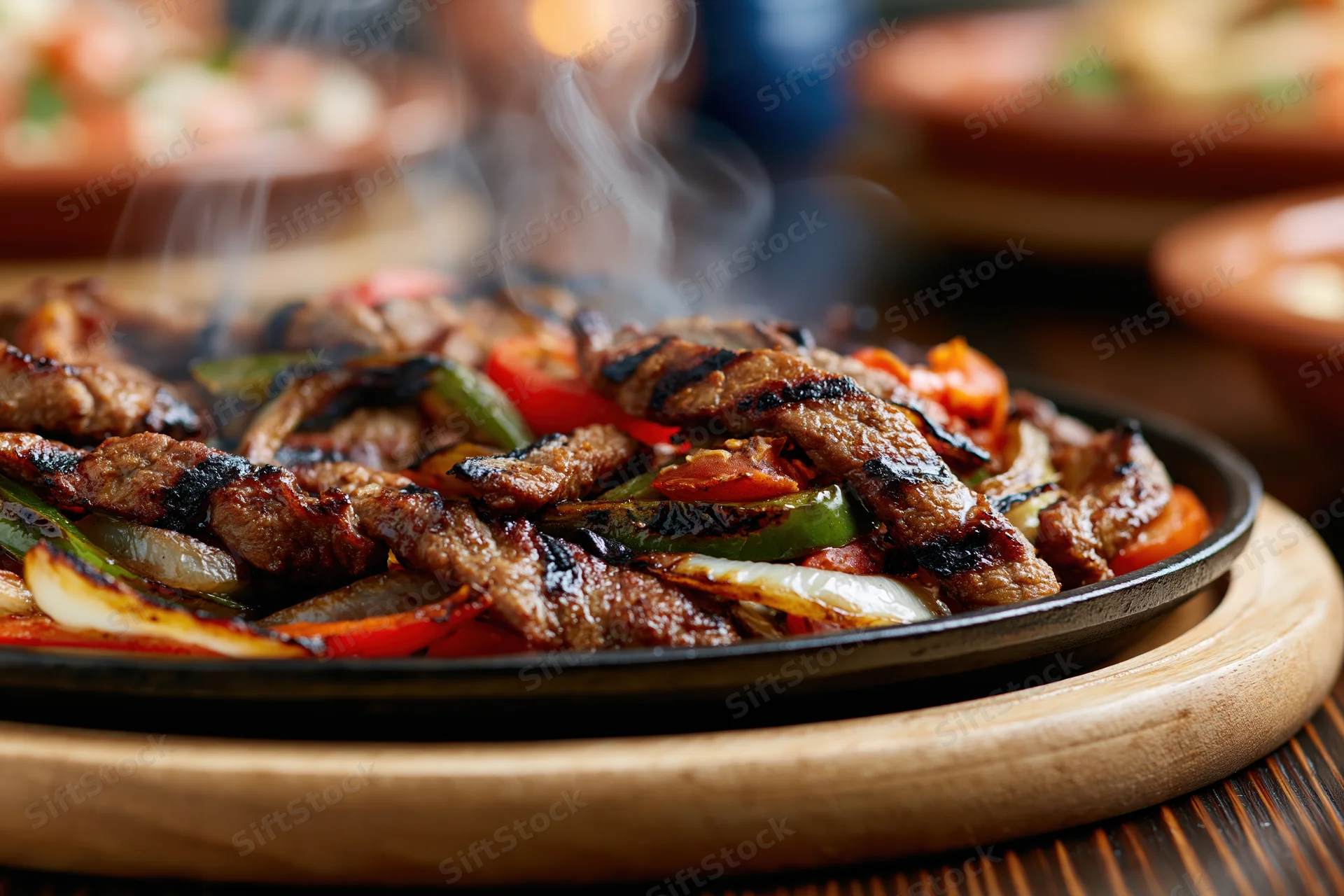 Sizzling beef fajitas with peppers and onions on a cast iron skillet set on a wooden plate