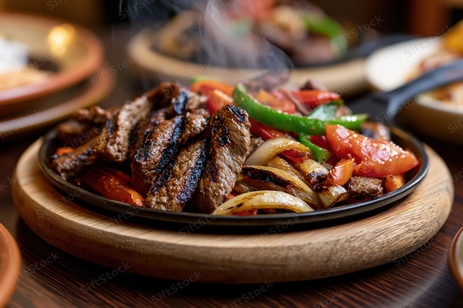 Sizzling beef fajitas with grilled vegetables served on a cast iron skillet on a wooden board