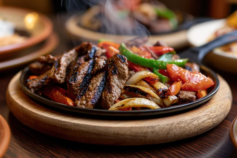Sizzling beef fajitas with grilled vegetables served on a cast iron skillet on a wooden board