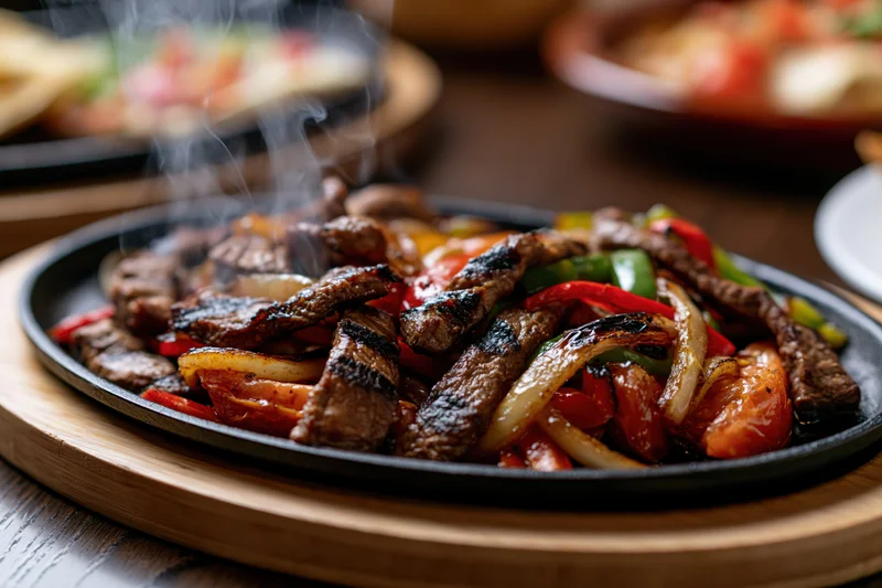 Sizzling beef fajitas with peppers and onions on a cast iron skillet set on a wooden tray