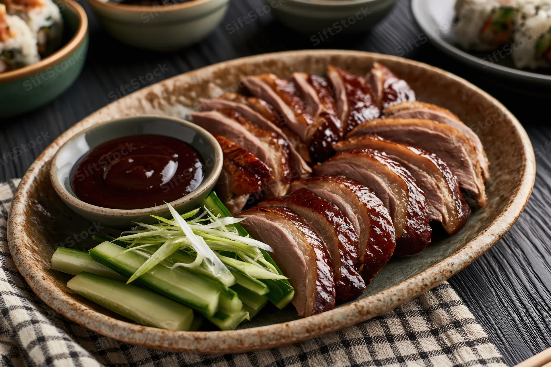 Sliced peking duck arranged on a rustic ceramic plate with dipping sauce and vegetables on a dark wooden table