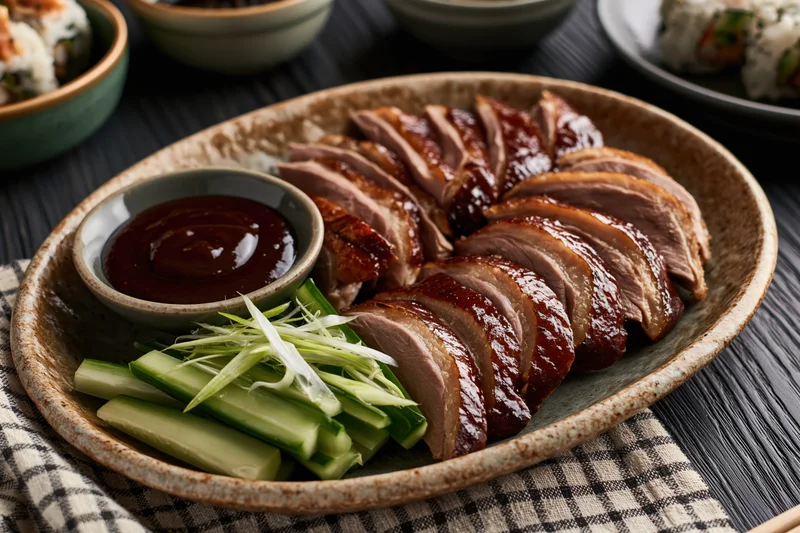 Sliced peking duck arranged on a rustic ceramic plate with dipping sauce and vegetables on a dark wooden table