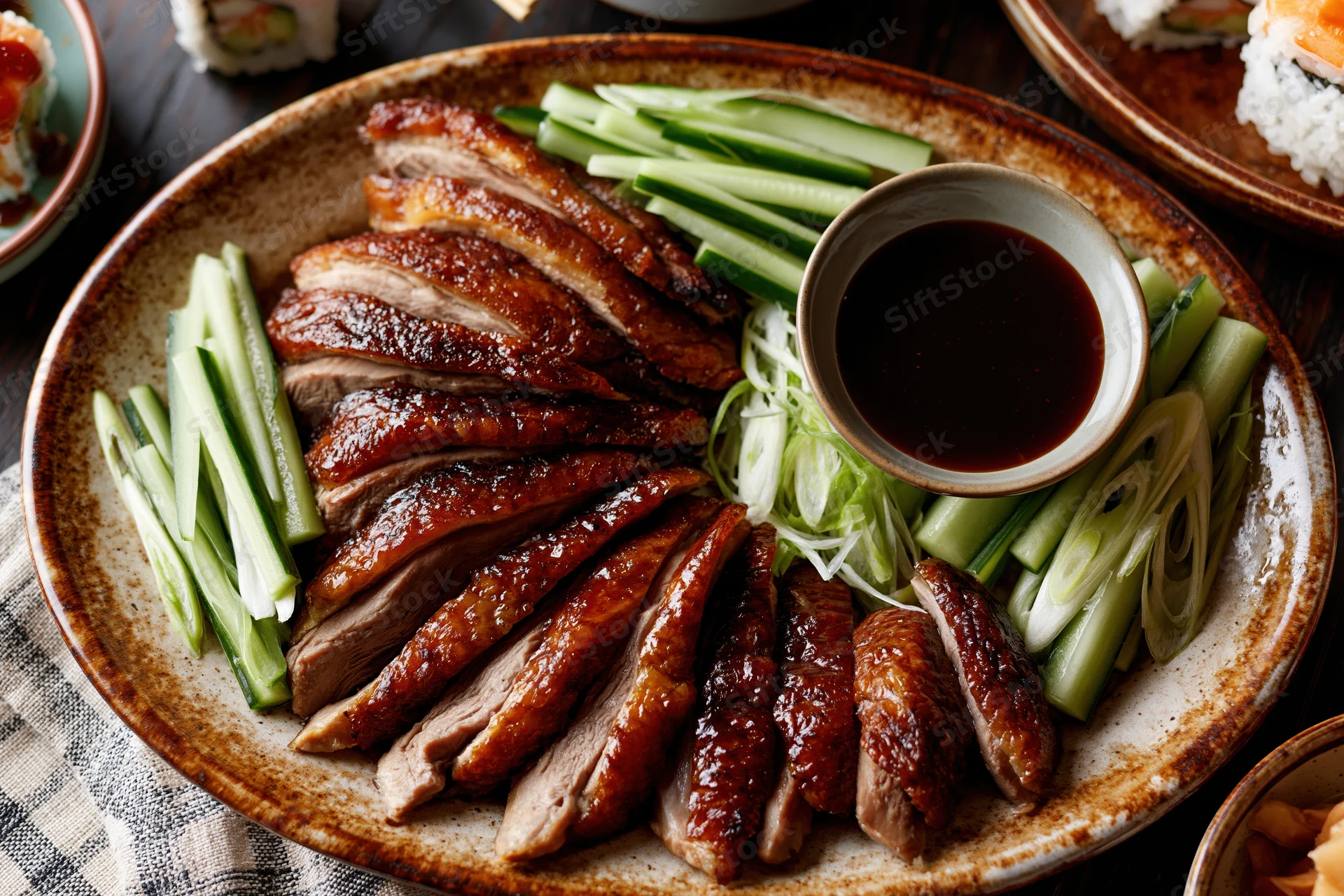 Sliced peking duck arranged on a rustic ceramic plate with cucumber and scallions, accompanied by dipping sauce