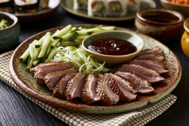 Sliced peking duck arranged on a rustic ceramic plate with cucumber and radish garnish and dipping sauce, served on a dark wooden table with sushi in the background