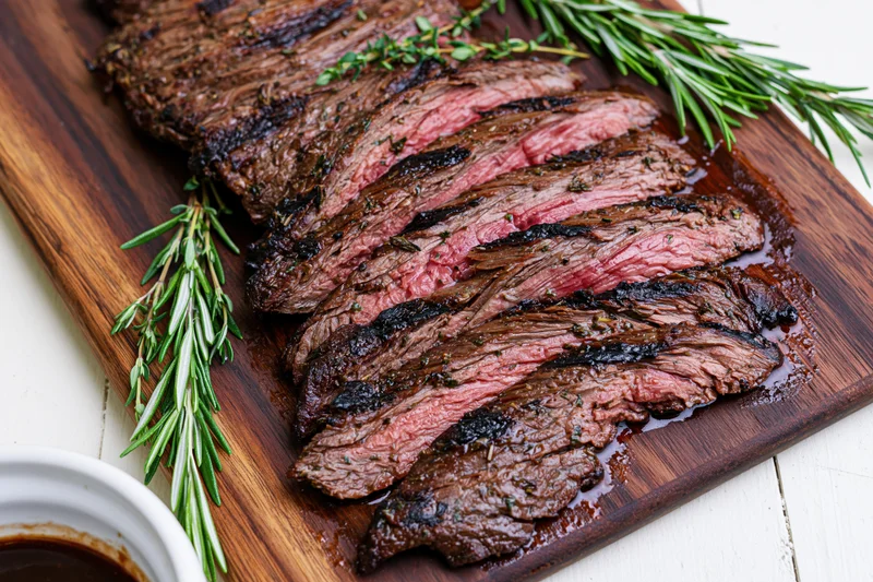 Sliced grilled skirt steak arranged on dark wooden cutting board with rosemary garnish and sauce bowl nearby