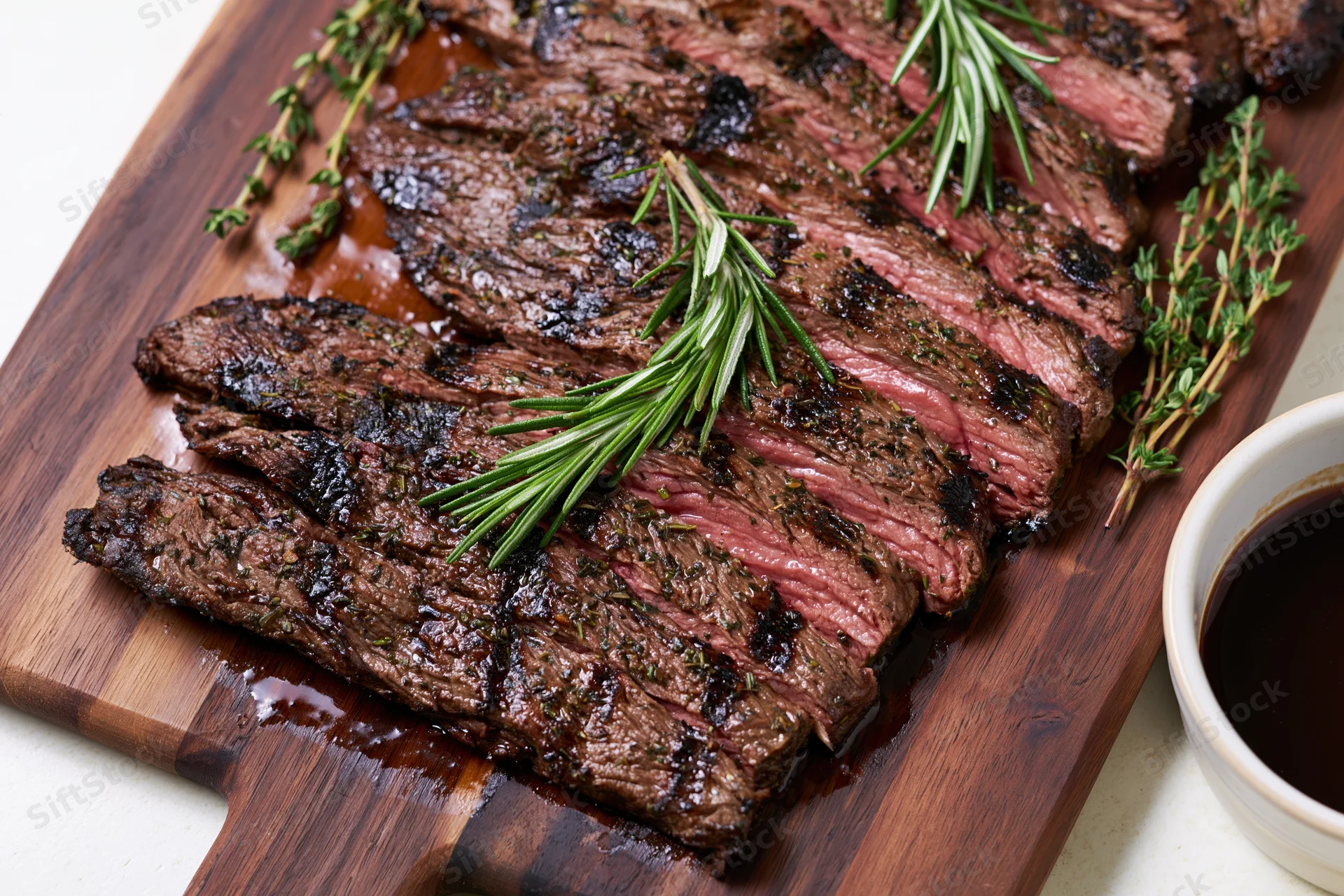 Sliced grilled skirt steak arranged on a dark wooden cutting board with herbs and dipping sauce