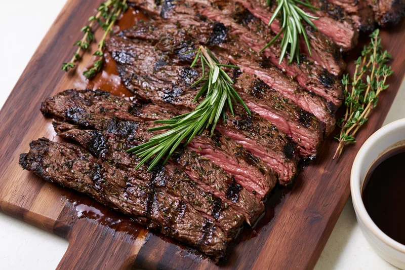 Sliced grilled skirt steak arranged on a dark wooden cutting board with herbs and dipping sauce