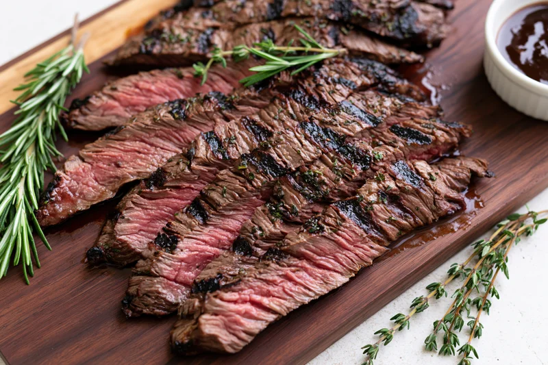 Sliced grilled skirt steak arranged on dark wooden cutting board with herbs and sauce