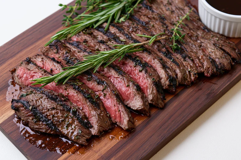 Sliced grilled skirt steak fanned on dark wooden cutting board with rosemary and sauce