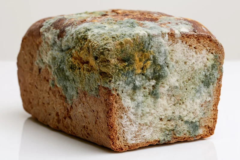 Moldy loaf of whole wheat bread on white surface