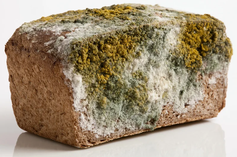 Moldy whole wheat bread loaf with patches of green, yellow and white mold on white background