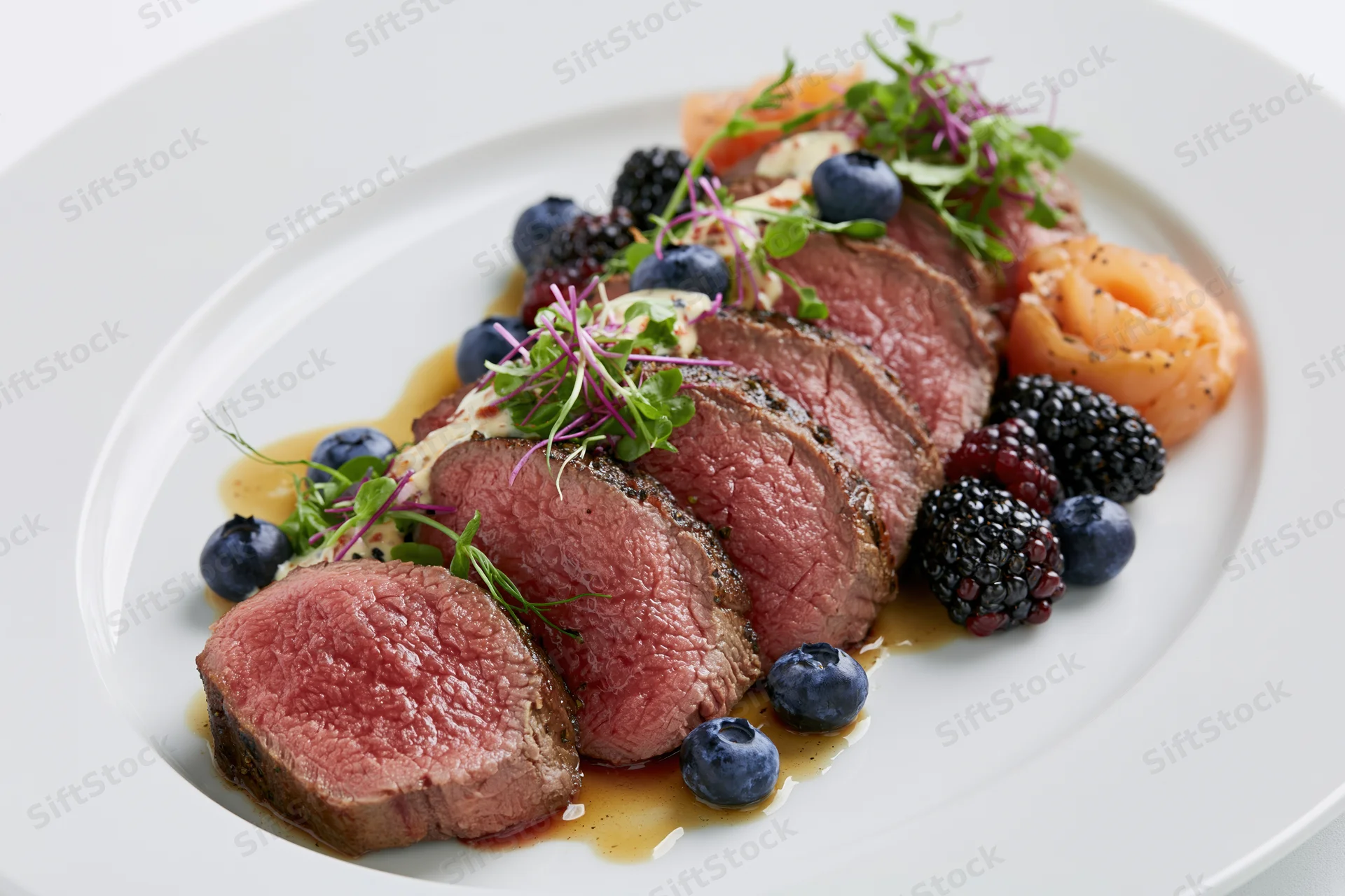 Sliced medium-rare beef tenderloin arranged on a white plate with berries and microgreens