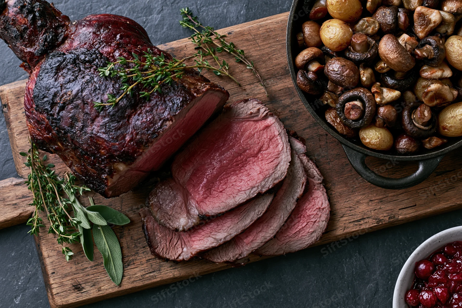 Sliced roast beef joint on a wooden cutting board with mushrooms and cranberry sauce