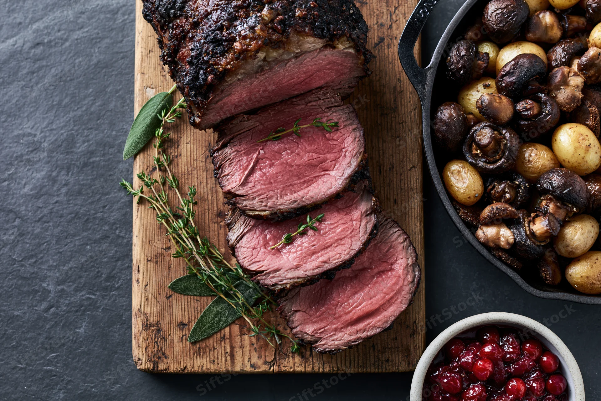 Sliced roast beef on a wooden board with mushrooms and cranberry sauce beside it