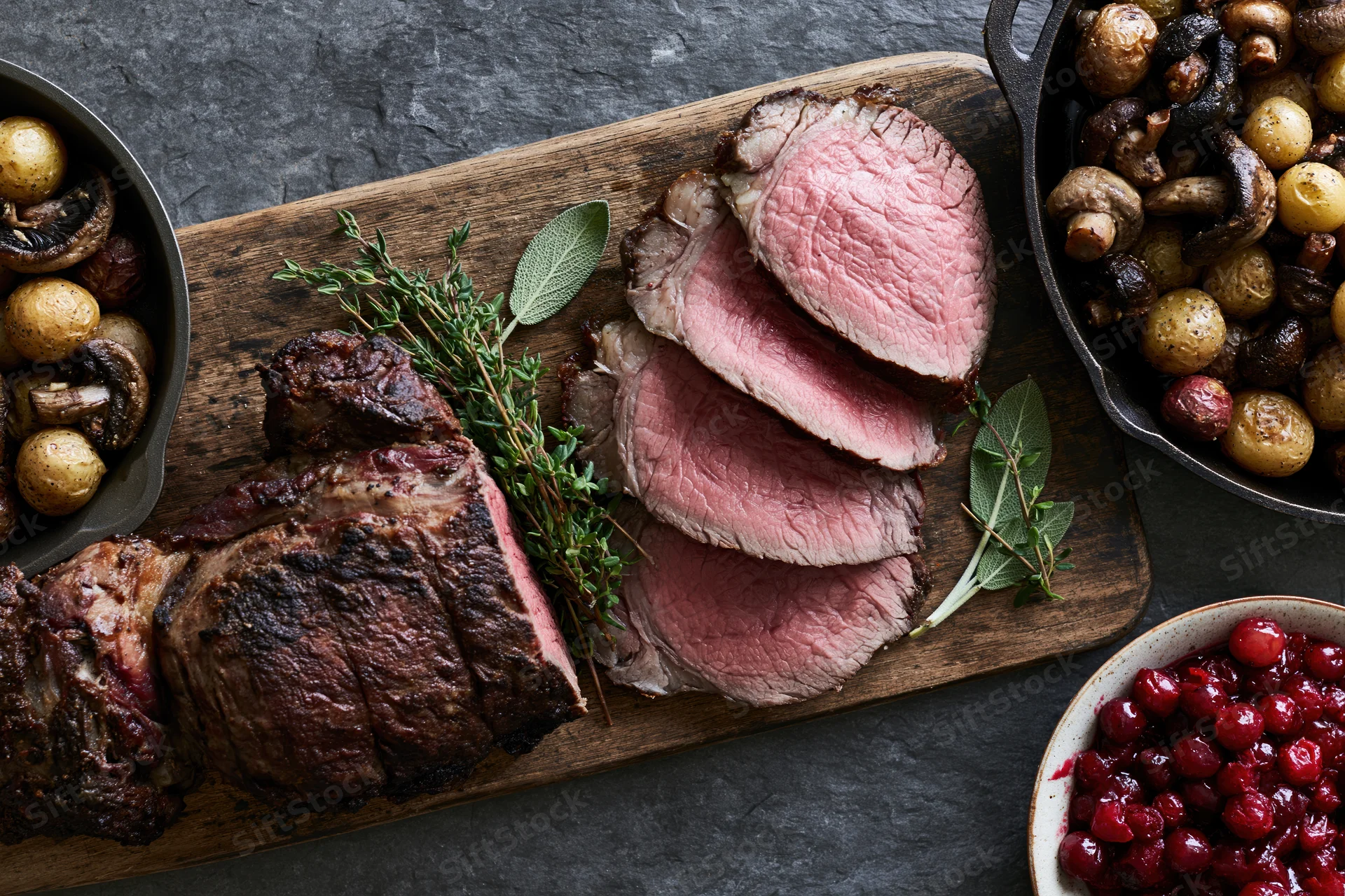 Sliced roast beef on a wooden board with herbs and side dishes arranged for serving