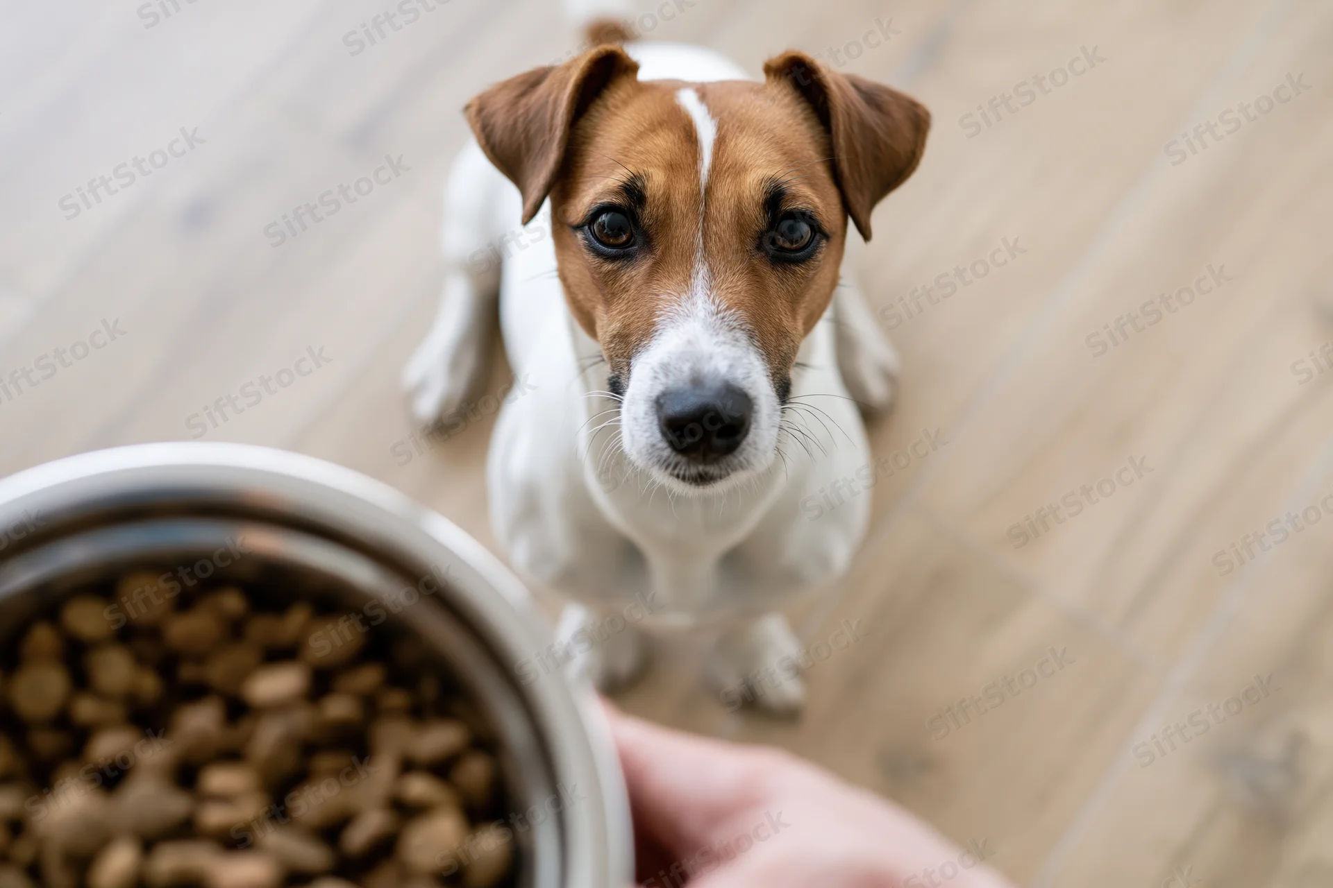 Small jack russell terrier sitting on light wood floor looking up at hand holding food bowl