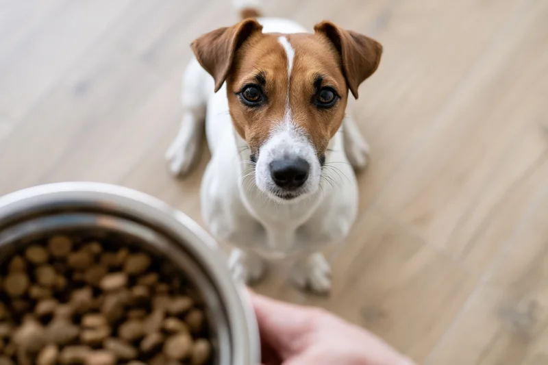 Small jack russell terrier sitting on light wood floor looking up at hand holding food bowl