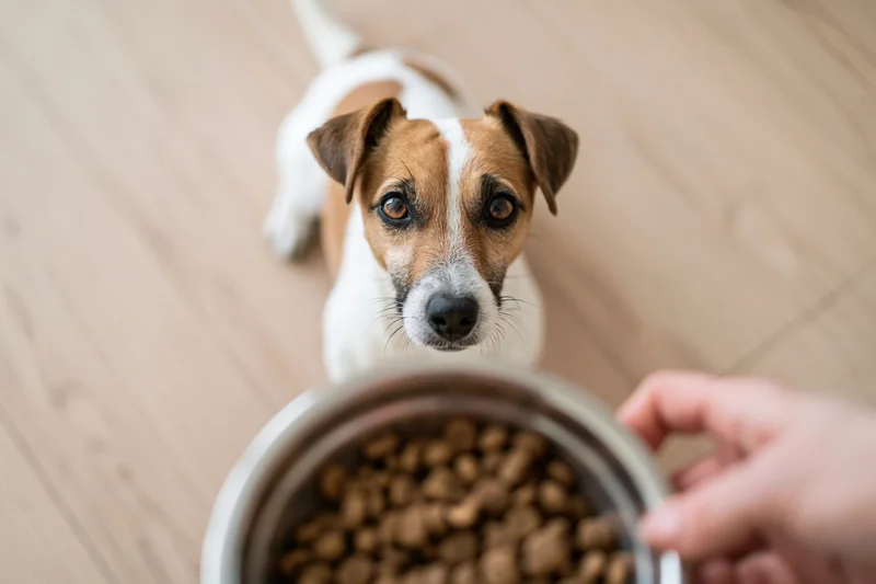 Small jack russell terrier sitting on wood floor looking up at hand holding food bowl
