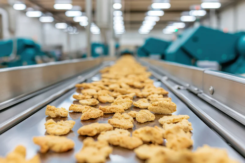 Baked cookies moving along a stainless steel conveyor in a factory