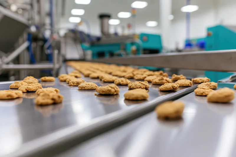 Baked cookies moving along a stainless steel conveyor belt in a food processing factory