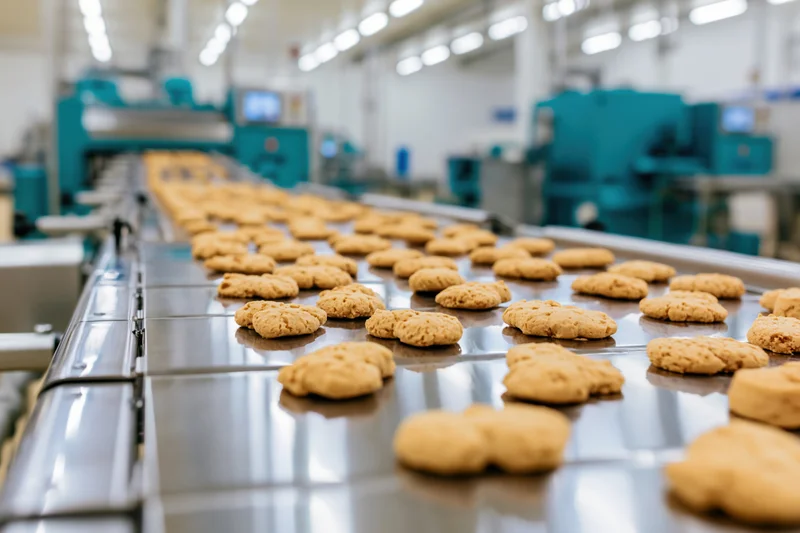 Baked cookies moving along a stainless steel conveyor in a factory