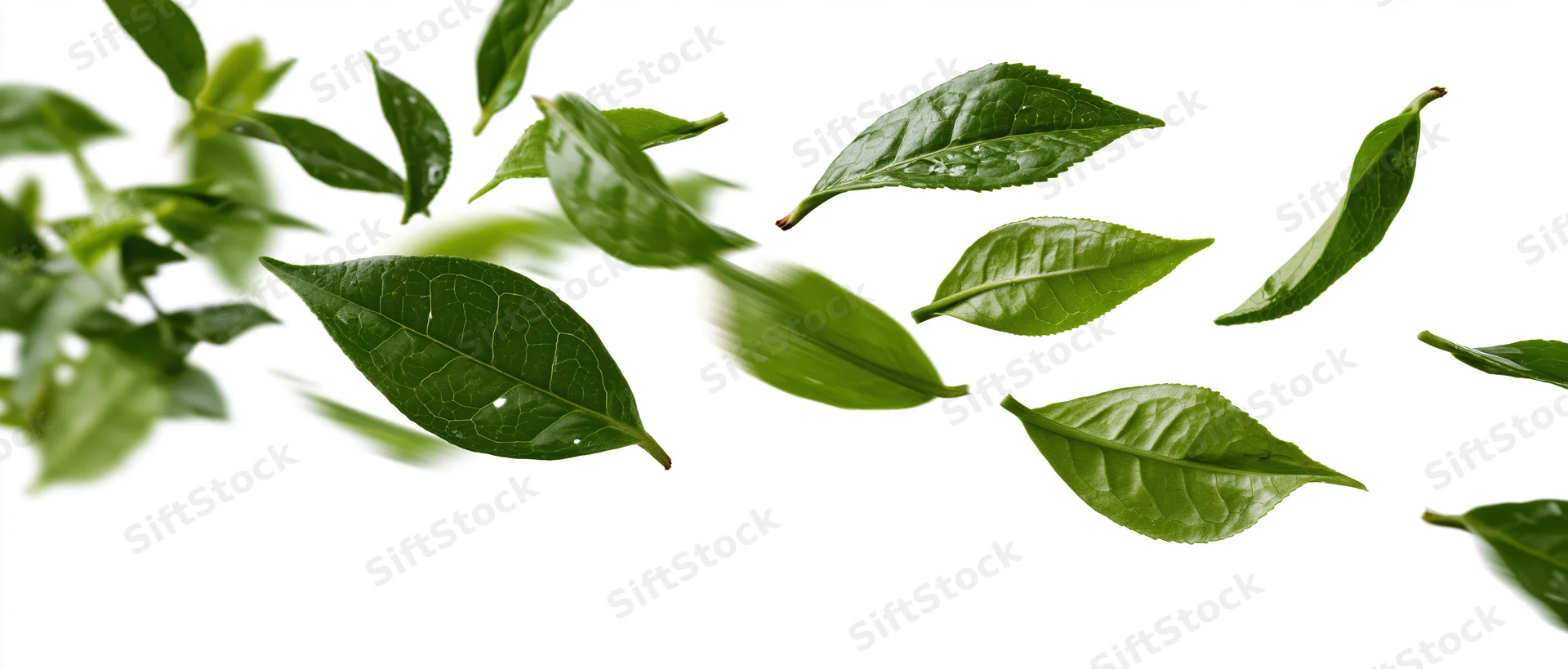 Green tea leaves falling mid-air against white background