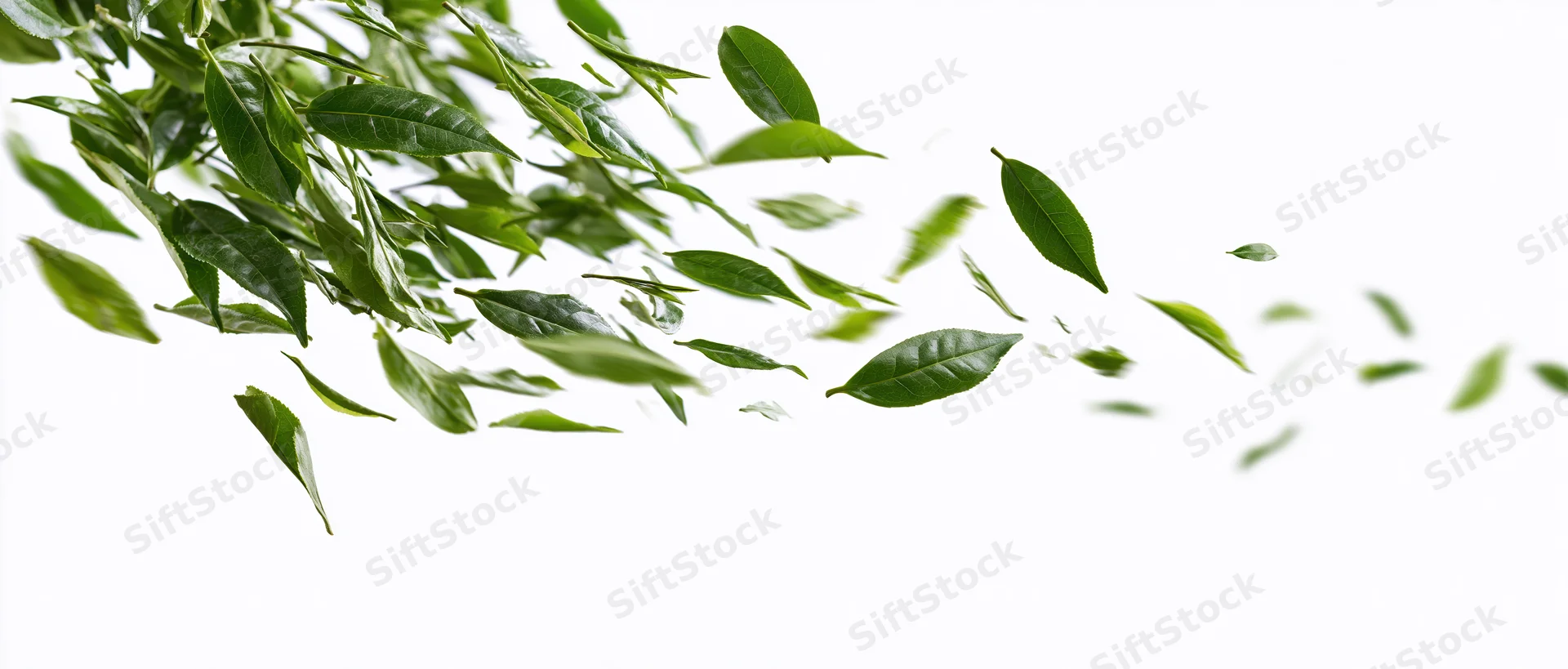 Green tea leaves floating midair against white background