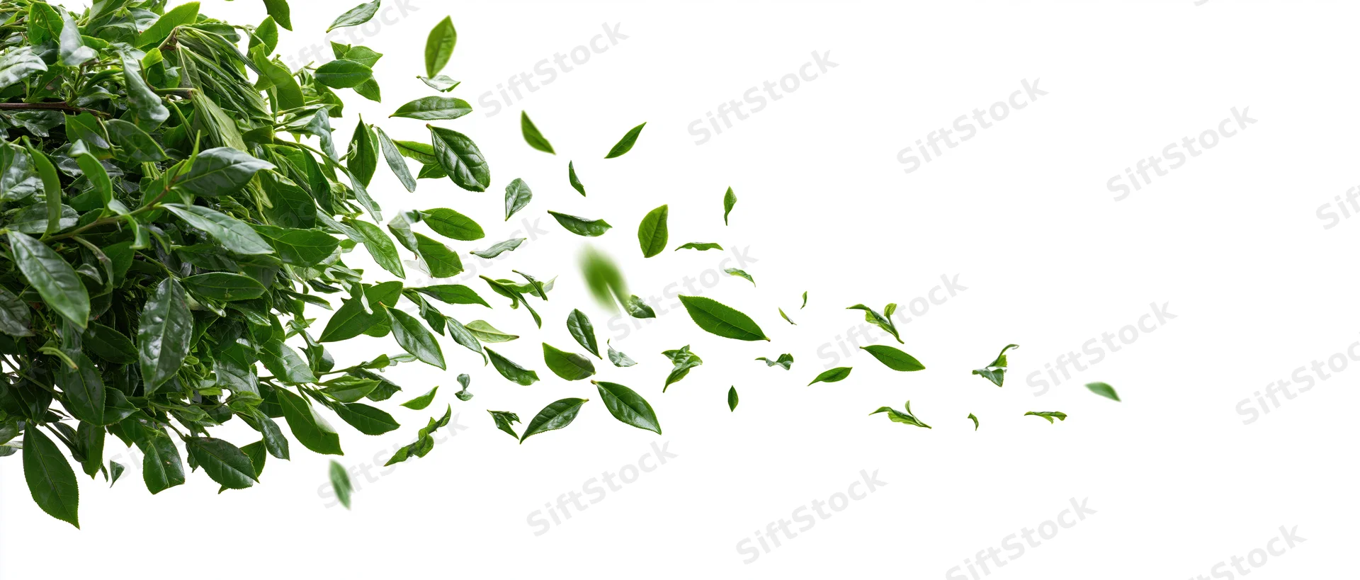Green tea leaves floating and scattering from a bush against white background