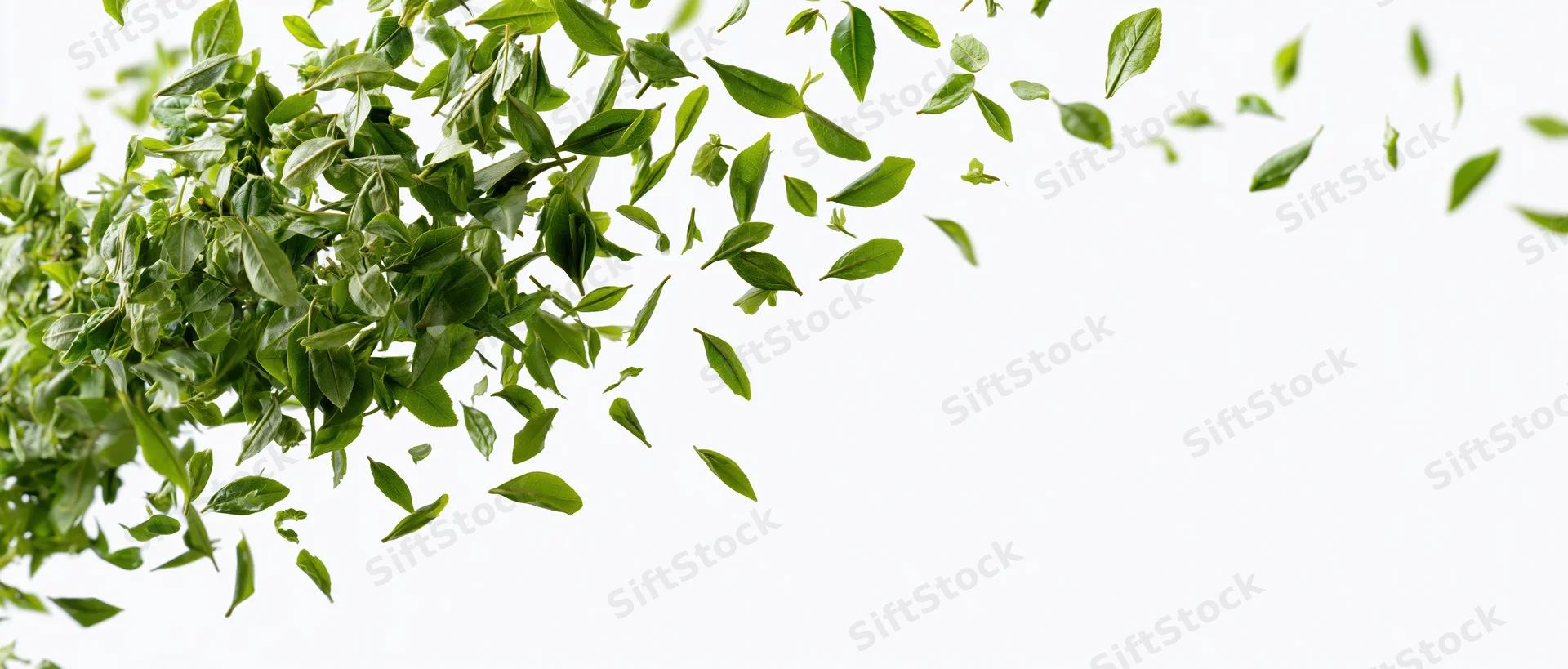 Green tea leaves floating midair against white background with copyspace