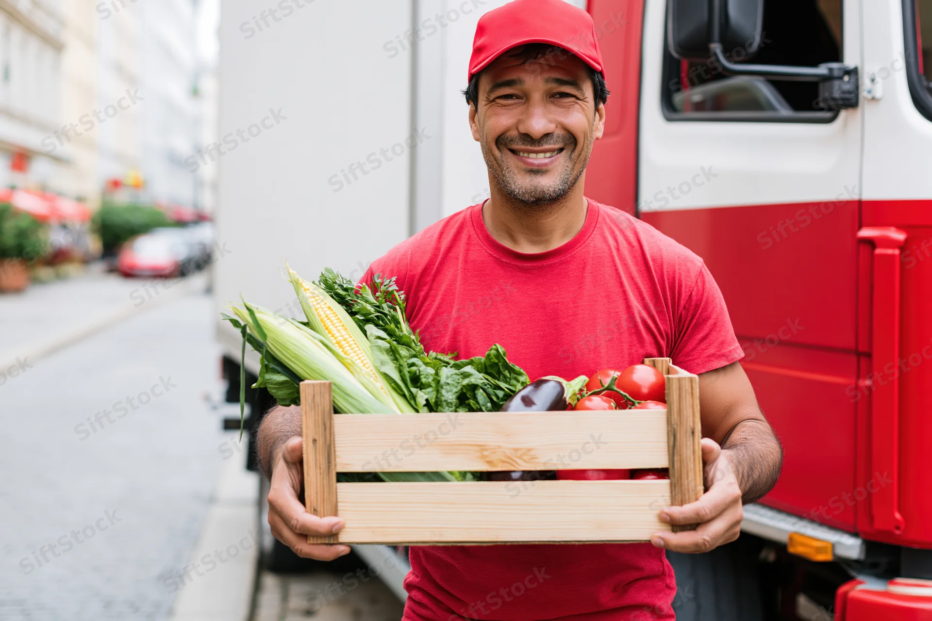 Smiling delivery worker holding wooden crate of fresh vegetables in front of delivery truck on city street