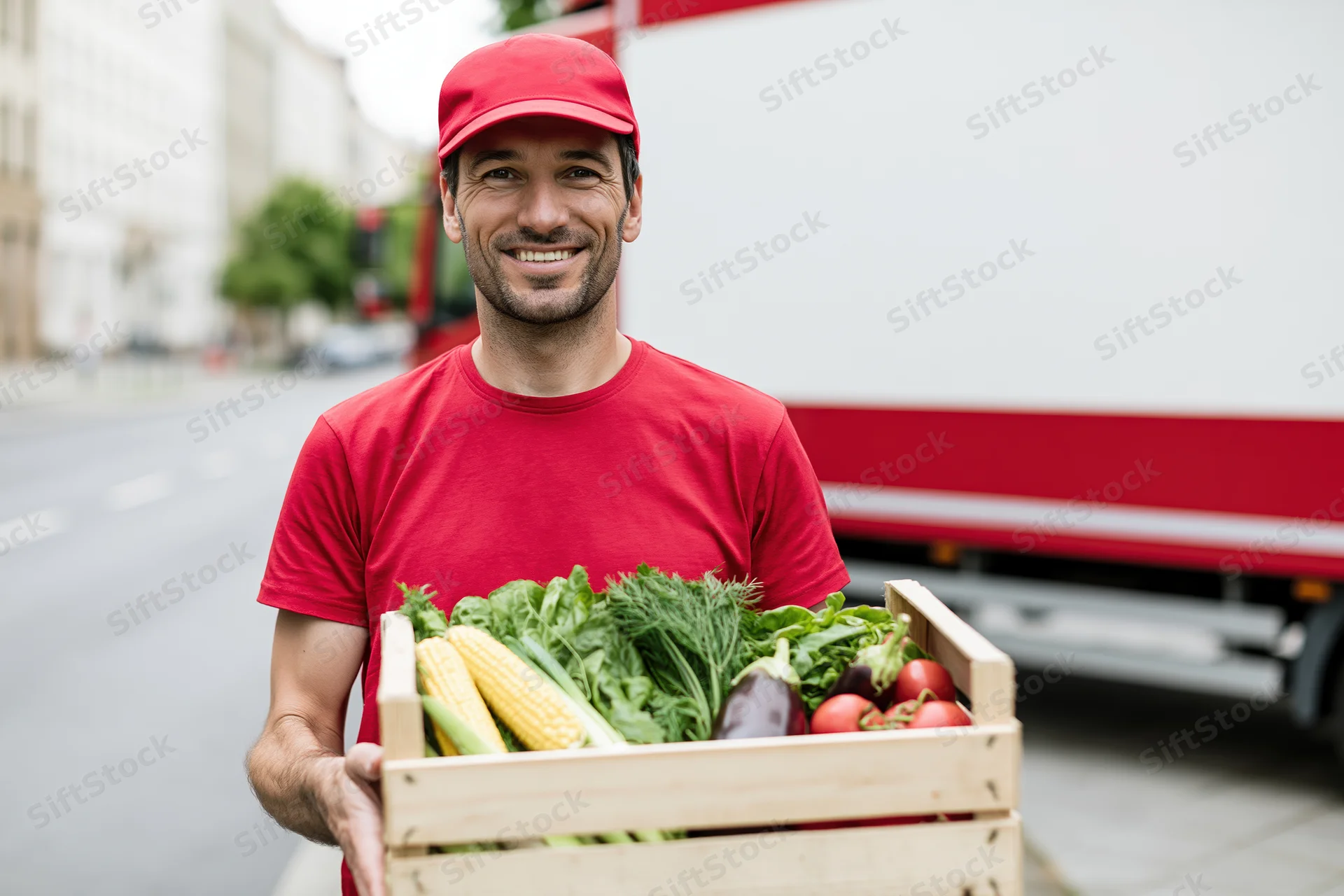 Smiling male delivery worker holding wooden crate of fresh vegetables on city street