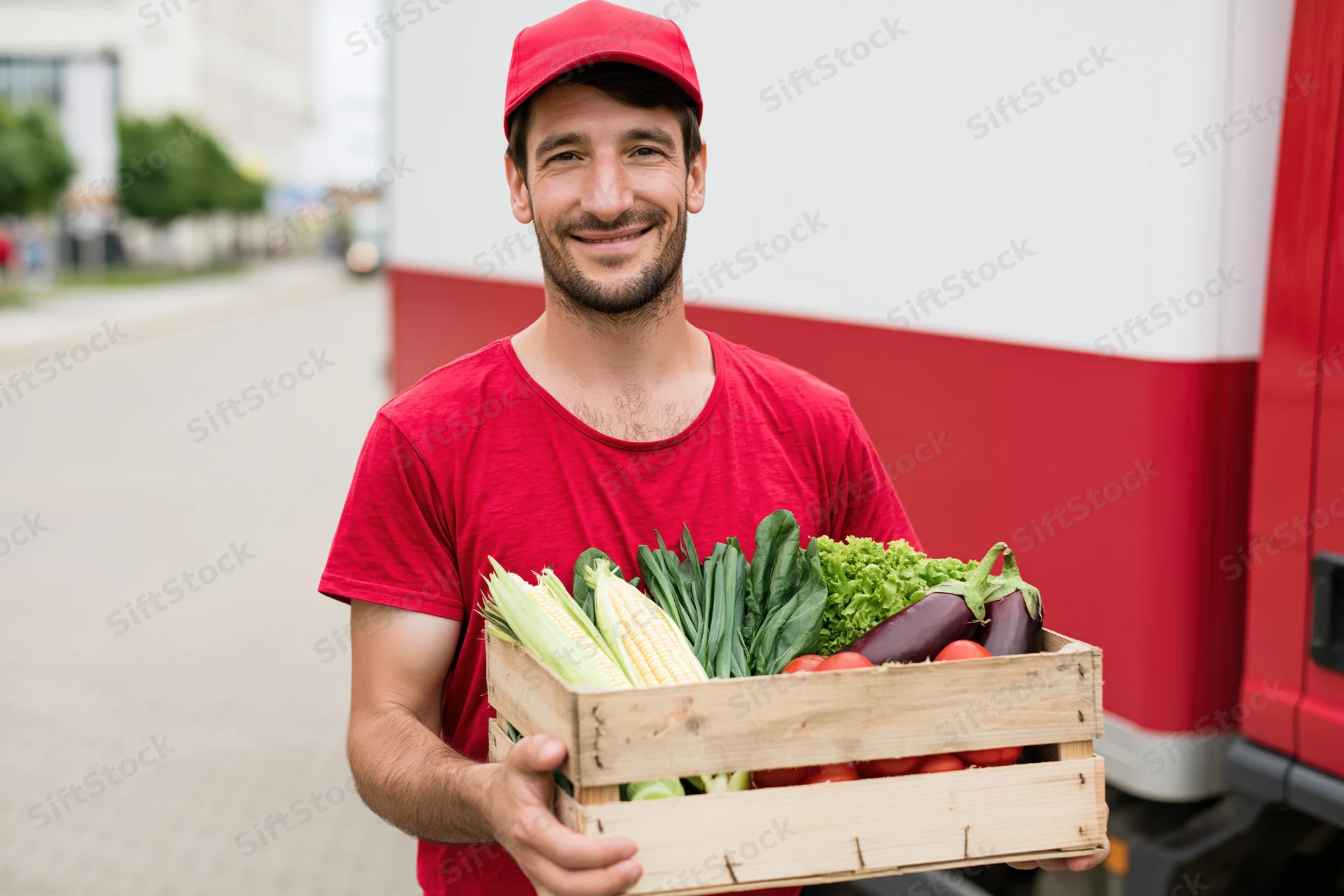 Smiling delivery worker holding wooden crate of fresh vegetables outdoors near delivery truck