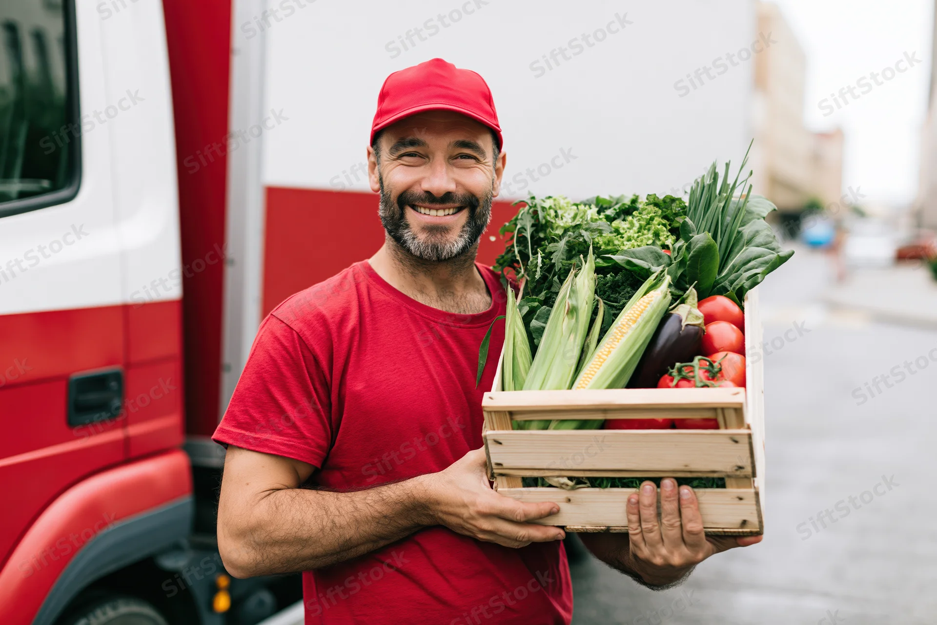 Smiling delivery worker holding wooden crate of fresh vegetables outdoors near delivery truck
