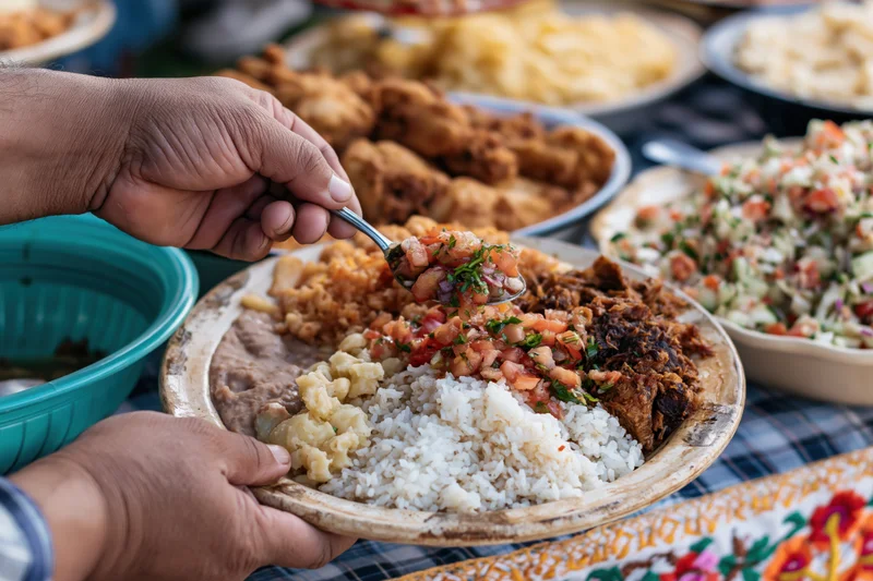 Hands spooning pico de gallo onto a plate of rice, beans, and pork at a family meal