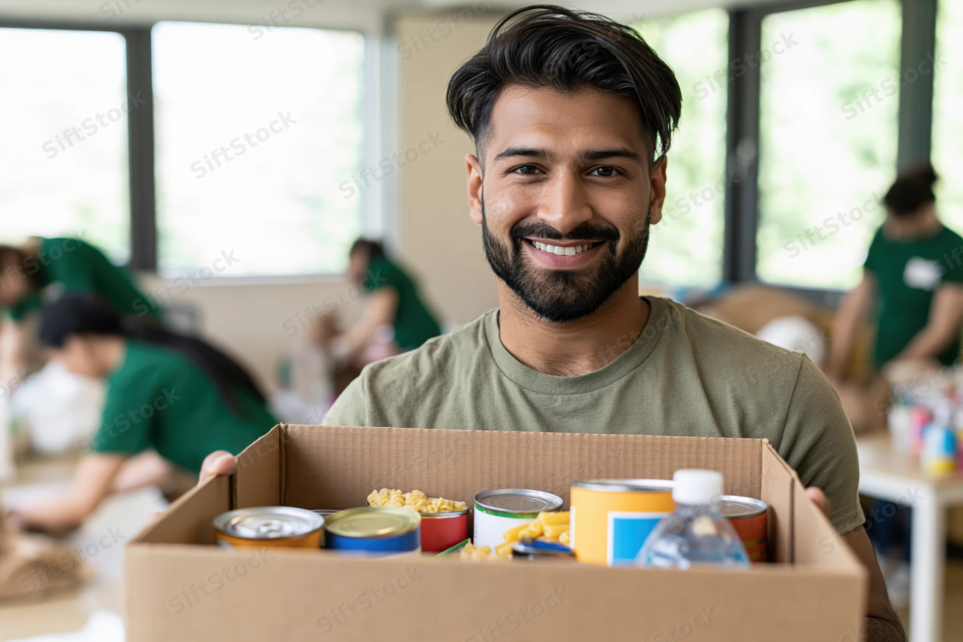 Smiling man holding open box of canned food and water at charity event