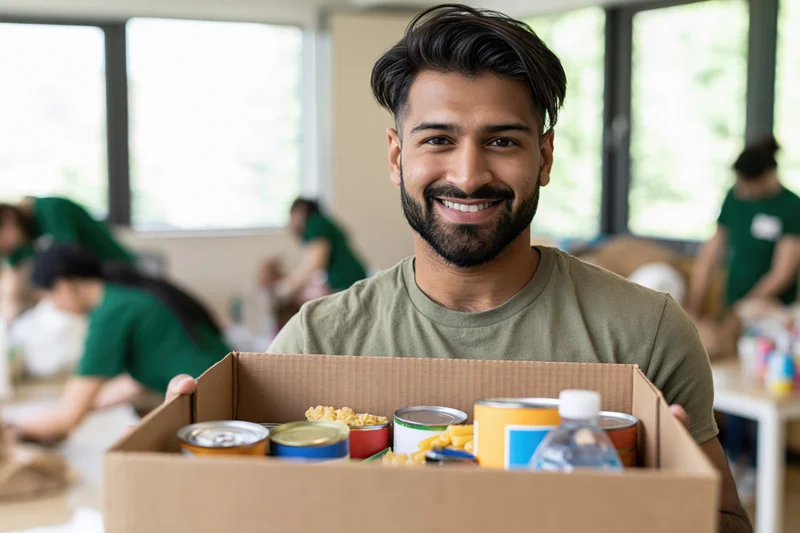 Smiling man holding open box of canned food and water at charity event