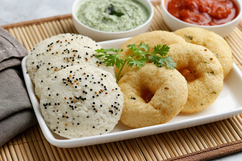Idli and medu vada served on a white plate with chutney bowls on a bamboo mat