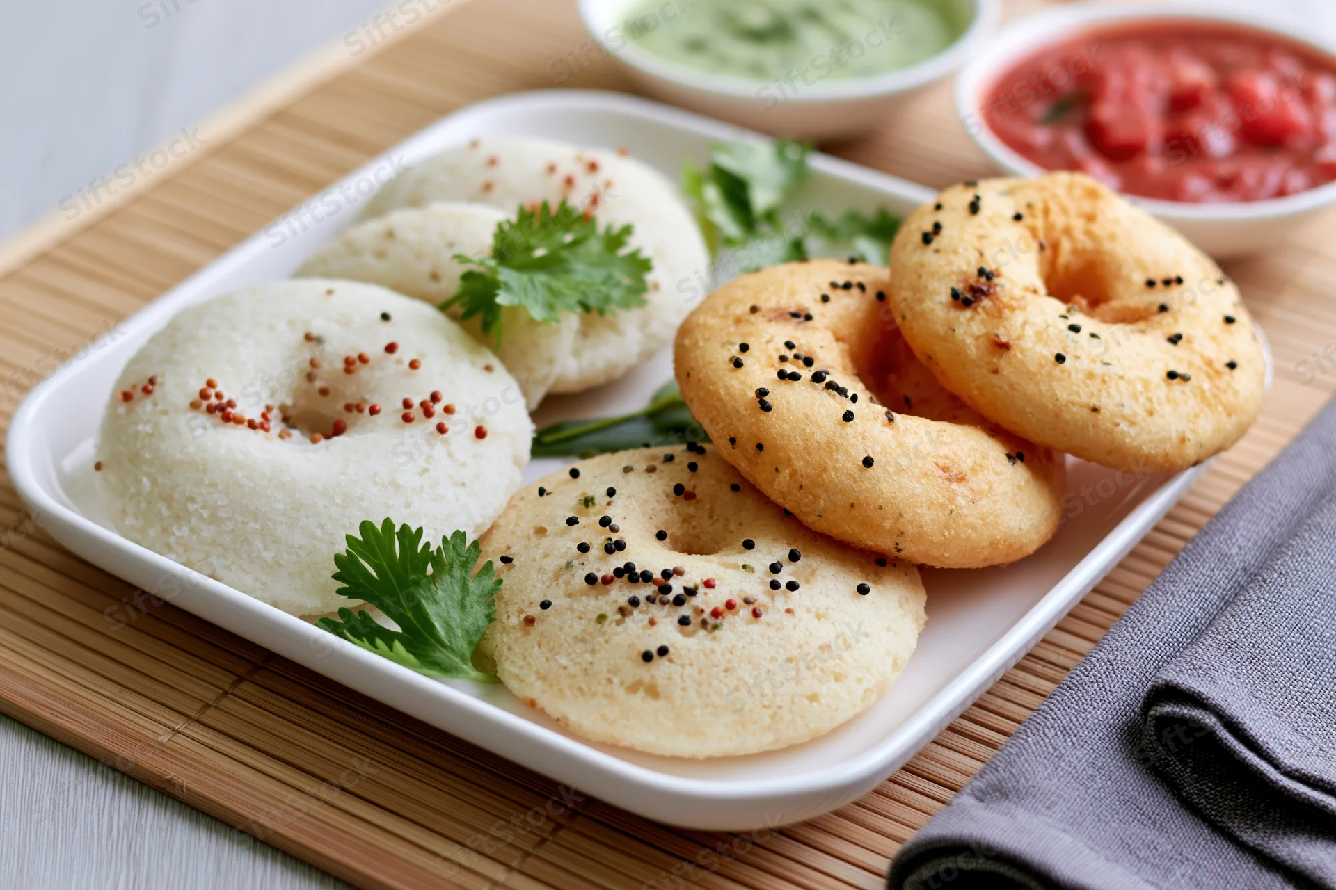 South indian breakfast plate with idli and medu vada served on a bamboo mat with chutney bowls and cilantro garnish