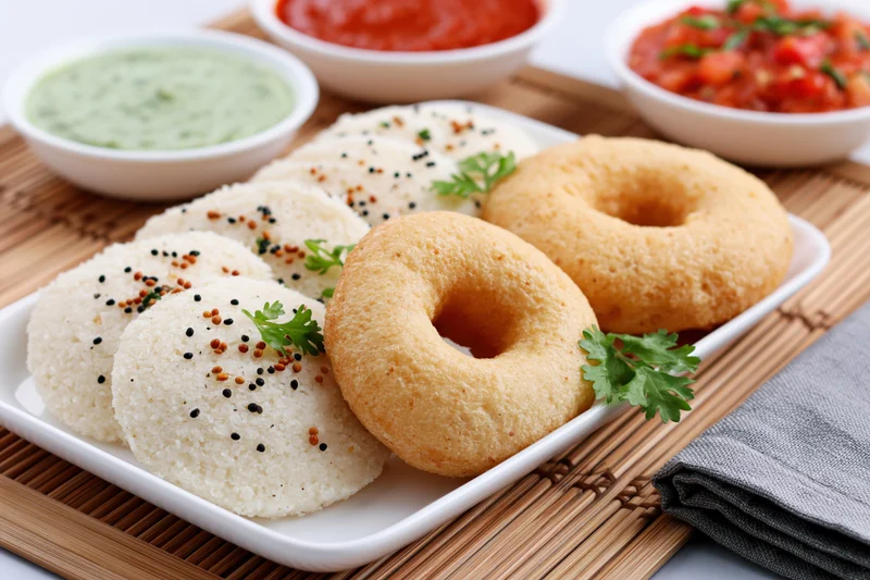 South indian breakfast plate with idli and medu vada served with chutneys on a bamboo mat