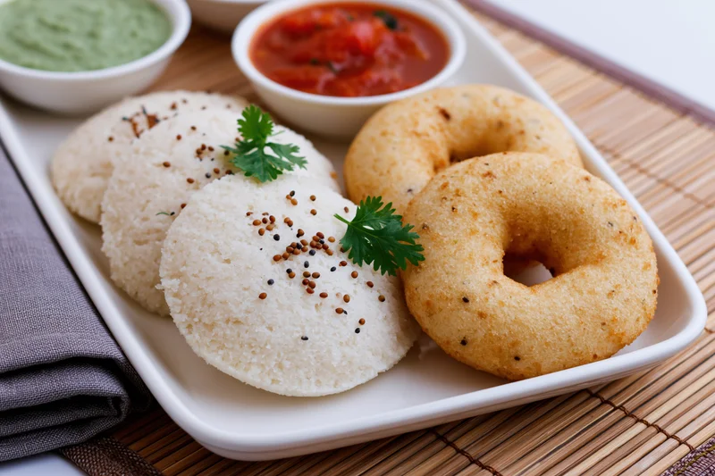 South indian breakfast plate with idli and medu vada served with chutney on a bamboo mat