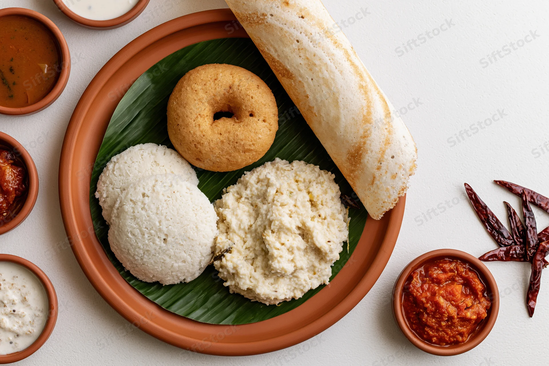 South indian breakfast with dosa, idli, vada, chutney and sambar on a banana leaf-lined tray