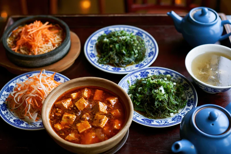 Traditional chinese dishes arranged on a dark wooden table with tofu, vegetables, seaweed, and tea pots