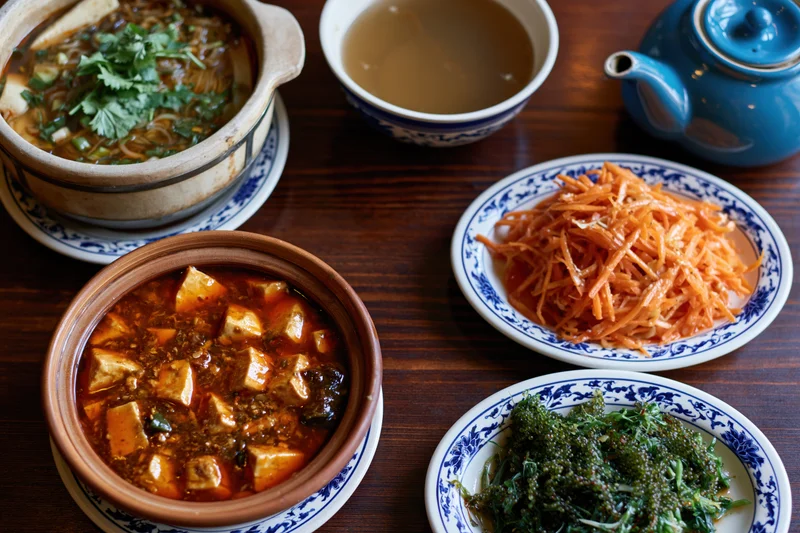Traditional chinese dishes including mapo tofu and noodles arranged on a dark wooden table with blue and white porcelain plates and a blue teapot
