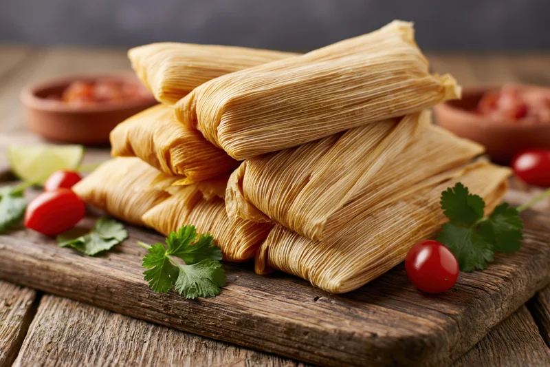 Stack of homemade tamales wrapped in dried corn husks on a wooden cutting board with cilantro, cherry tomatoes, lime, and sauce bowls