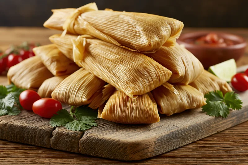 Stack of homemade tamales wrapped in dried corn husks on a wooden cutting board with tomatoes, cilantro, lime, and salsa