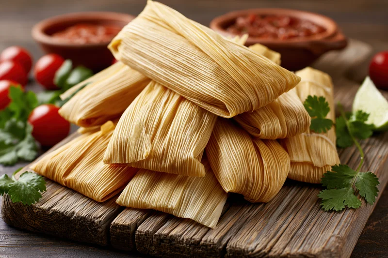 Stack of homemade tamales wrapped in corn husks on a wooden cutting board with salsa, cilantro, lime, and tomatoes around