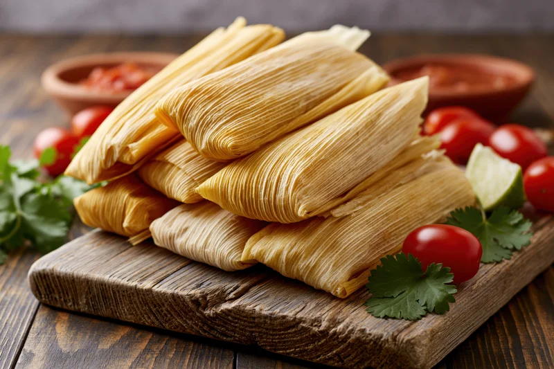 Stack of homemade tamales wrapped in corn husks on a wooden cutting board with cilantro, tomatoes, lime, and sauce bowls around